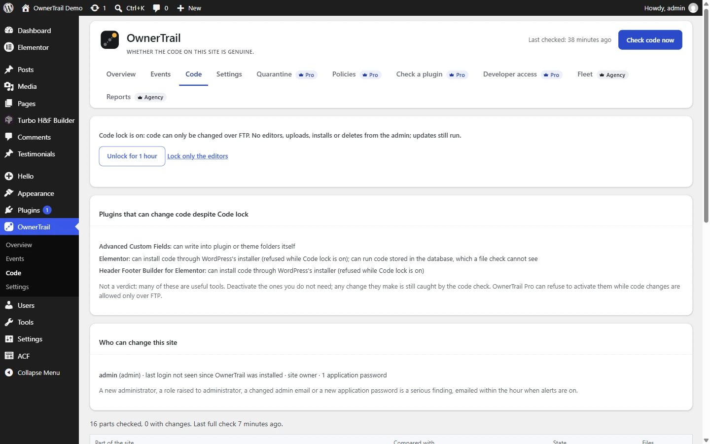 The Code screen: Code lock allowing code changes only over FTP, the plugins that could get around it, who can change the site, and every part of the site checked against WordPress.org