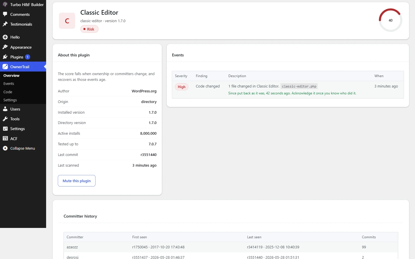 The committer history panel on a plugin detail screen, listing each committer with the first and last SVN revision they touched