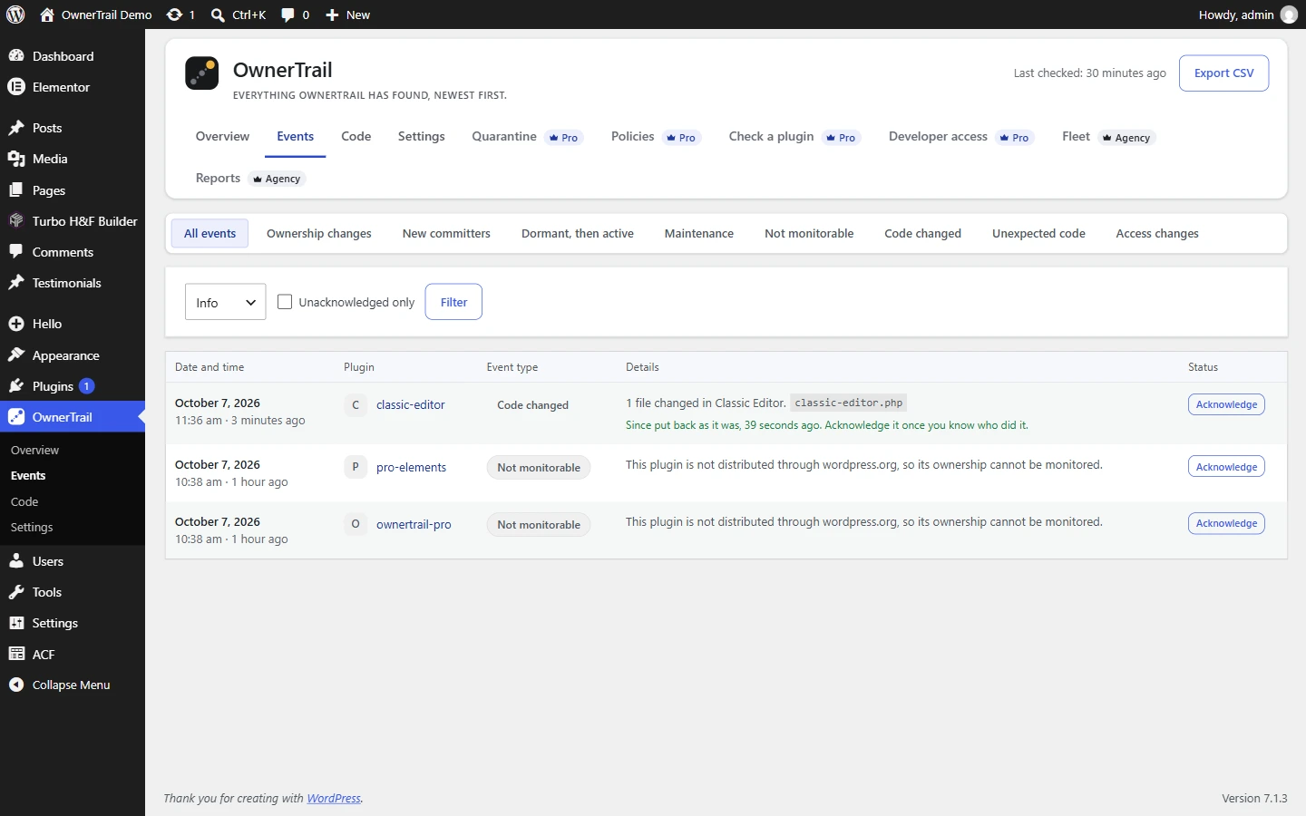Events log: filter chips across event types, and rows showing when each finding was detected, which plugin it belongs to, the event type, and the detail behind it